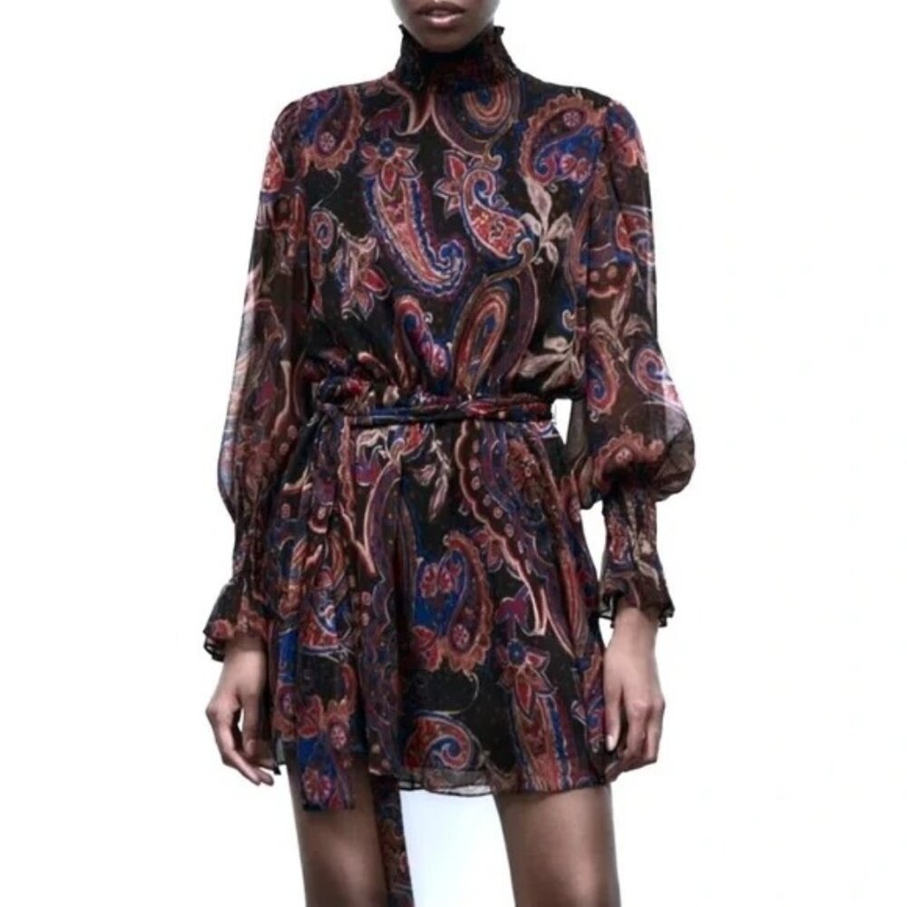 Zara Chiffon Paisley Printed Mini Dress With Belted Waist & Long Sleeves